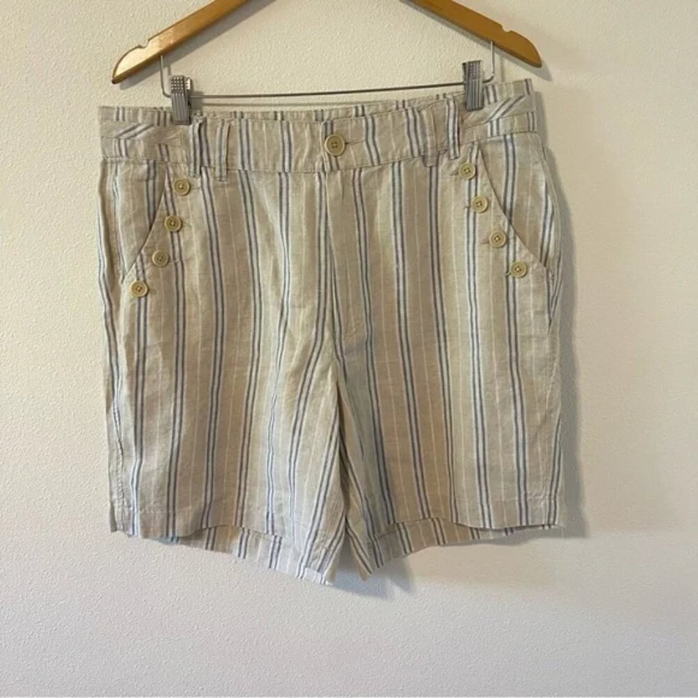 Sundance Wilde Linen Bermuda Shorts Tan High Rise Blue Stripe Button Det… - Picture 3 of 9